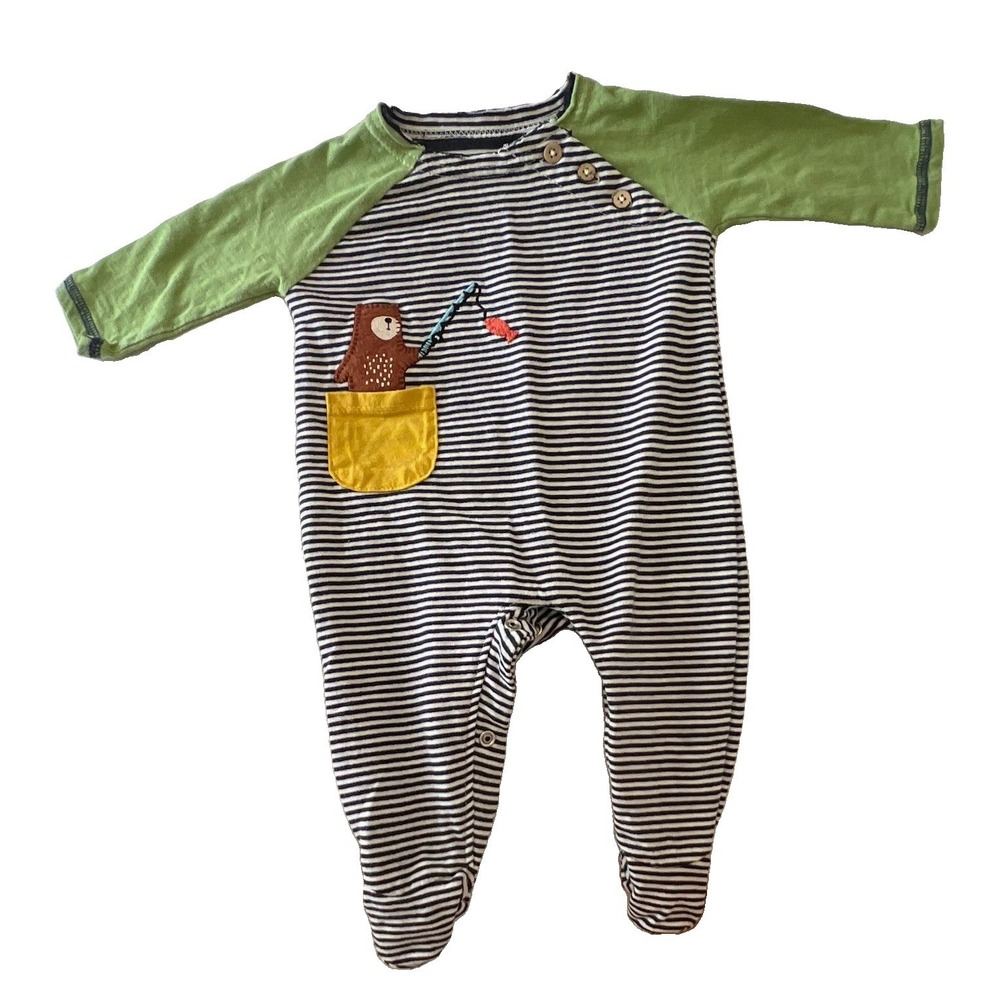 Mud Pie Baby 0-3 Months Black/White Striped Long Sleeve Bear Applique Coverall